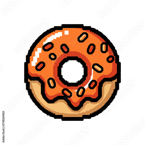 Delicious pixel art donut with orange frosting and colorful sprinkles.