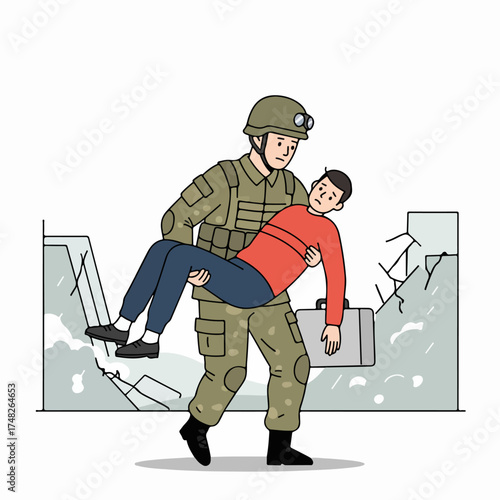 Soldier evacuating an injured civilian from a war-torn or disaster-stricken area, highlighting rescue efforts and humanitarian aid amidst destruction.