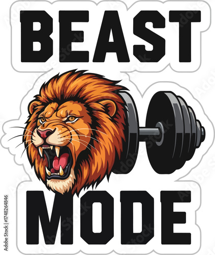 Intense Vector Graphic 'BEAST MODE' with Lion Head: Aggression, Extreme Effort, and Fitness Motivation Design