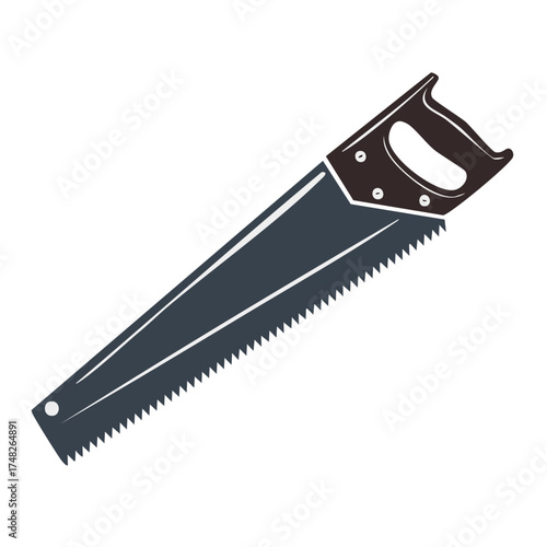 Saw illustration. Hand saw tool with toothed blade and wooden handle.