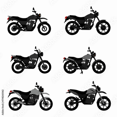 Collection of diverse flat design motorcycle illustrations, showcasing different styles from standard road bikes to off-road dual-sport models, in monochromatic tones.