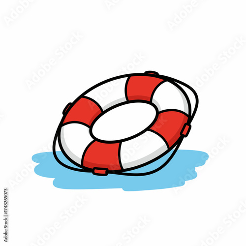 Cartoon illustration of a red and white striped life preserver floating on blue water.