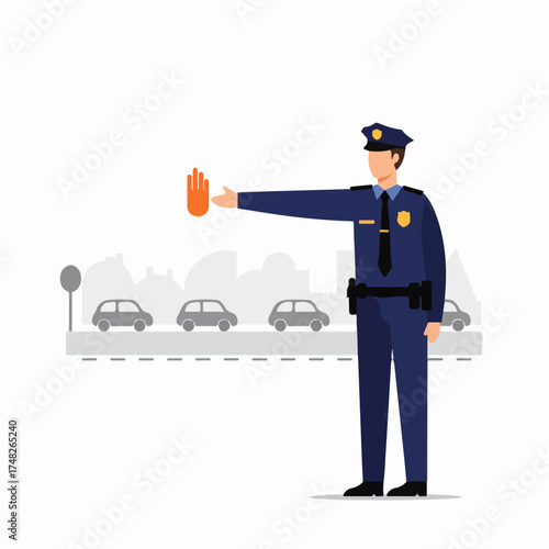 Police officer in uniform making a stop gesture, managing traffic flow and ensuring public safety in a city environment.