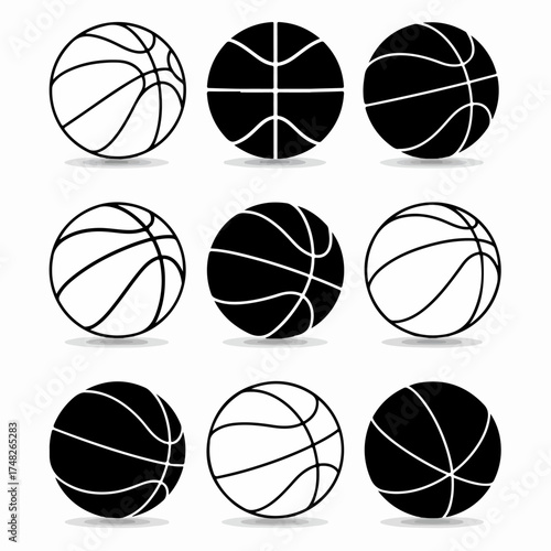 Basketball icons set, outline and solid variations, isolated on white background.
