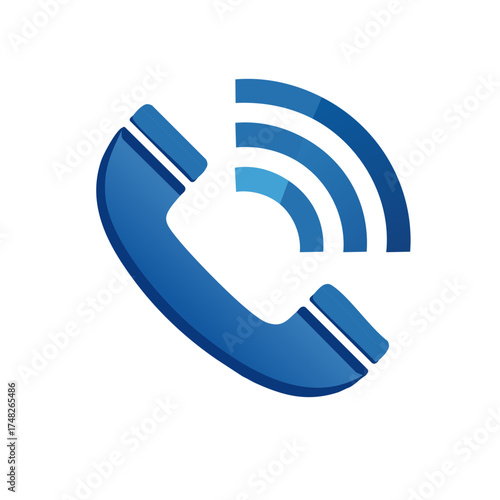 Blue telephone handset with signal waves icon