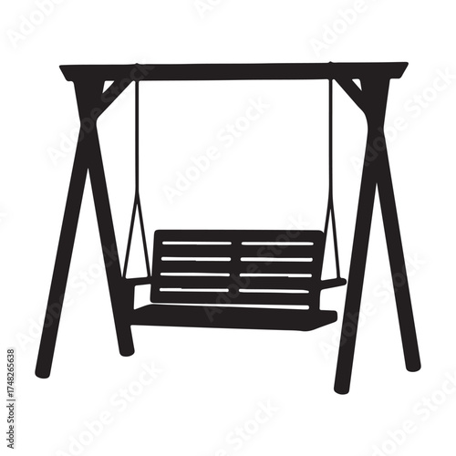 Silhouette of a wooden swing with a seat hanging from a sturdy frame against a bright white background suggesting tranquility and simple pleasures