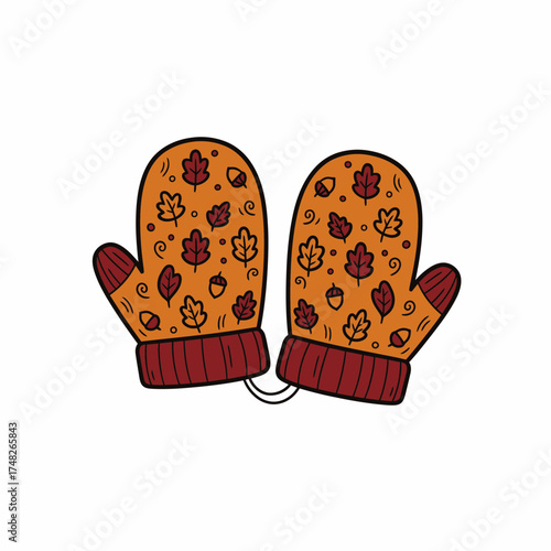 A pair of autumn-themed mittens decorated with leaves and acorns, connected by a string.