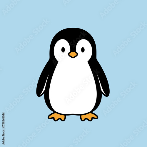 Cartoon penguin with black and white plumage and orange feet, standing on a light blue background.