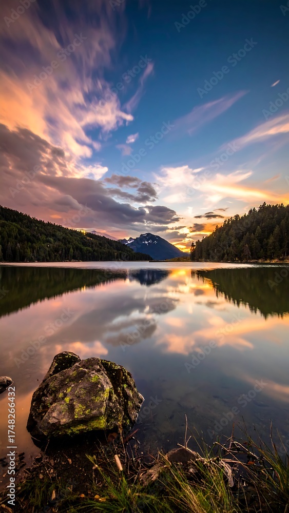 Fototapeta premium Serene lake sunset reflection