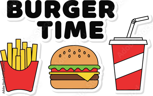 Classic Vector Illustration of a Hamburger and Fast Food Icons with 'BURGER TIME' Text: Mealtime, Restaurant, and Food Graphic