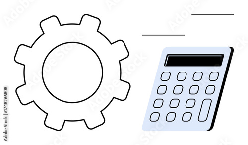 Gear and calculator emphasize problem-solving, efficiency, and financial analysis. Ideal for technology, business, finance, productivity, calculations teamwork and organization. Simple flat