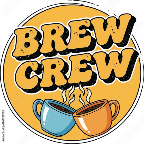 Stylized Vector Graphic of a Coffee Mug with 'BREW CREW' Text: Cafe Team, Coffee Lovers Group, and Enthusiast Community Design