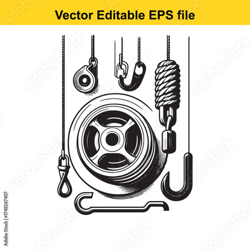 Vector art of a collection of industrial lifting and rigging equipment, including pulleys, hooks, and a winch drum
