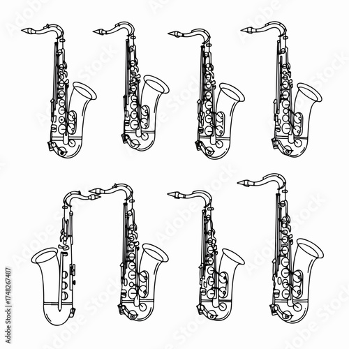 A collection of eight minimalist line art saxophone illustrations on a white background, perfect for music-themed designs and jazz concepts.
