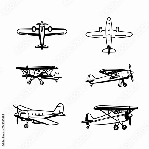Set of vintage airplane line art illustrations, featuring various biplanes and monoplanes from different angles, perfect for aviation history and transport design.