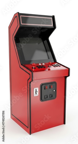 Red arcade cabinet with black trim isolated on a white background, retro arcade game
