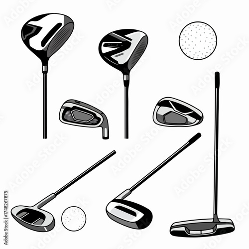 Monochromatic vector illustration of various golf clubs and golf balls, showcasing different types of essential golf equipment for the sport.