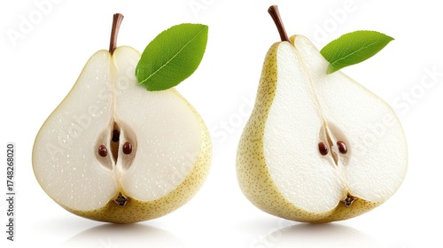Two halves of a pear with a leaf.