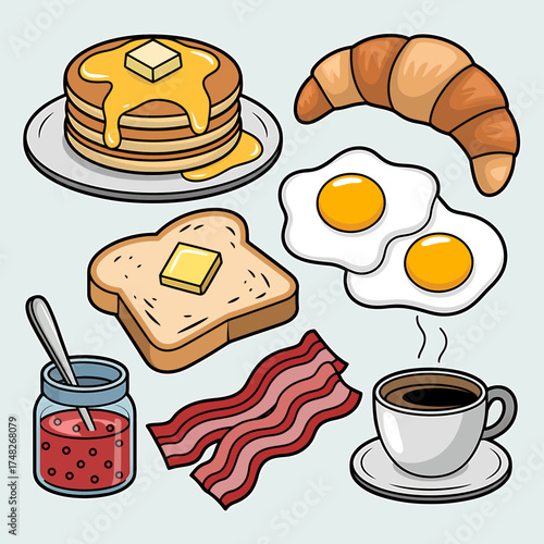 Delicious Breakfast Illustration with Pancakes Croissant Eggs Bacon Toast Jam and Coffee Ready for a Sunny Morning