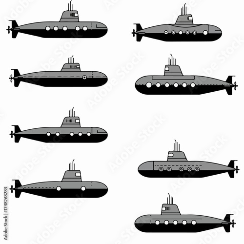 Collection of eight stylized vector submarines. Simple cartoon-style underwater vehicles with varied designs, perfect for naval, exploration, and military themed graphics.