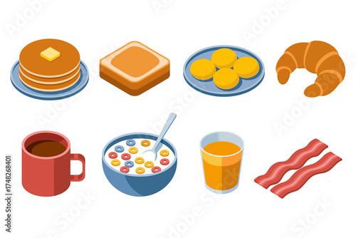 Isometric Breakfast Set with Pancakes Toast Muffins Croissant Cereal Coffee Juice and Bacon Illustration