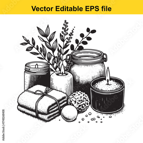 Vector art of spa and wellness set with candles, jars, and plants
