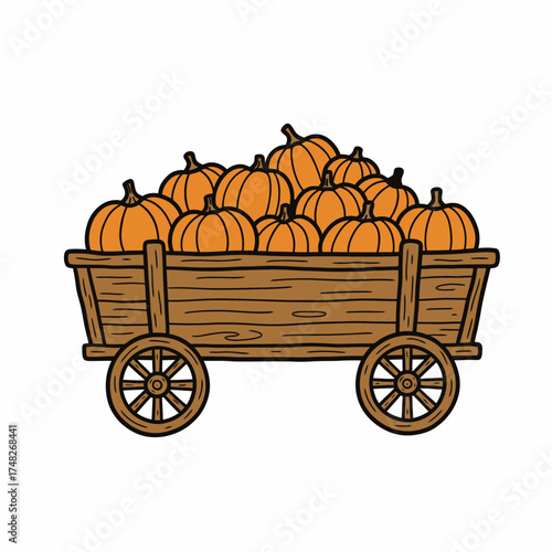 A wooden cart overflowing with a large harvest of ripe orange pumpkins, ready for autumn.