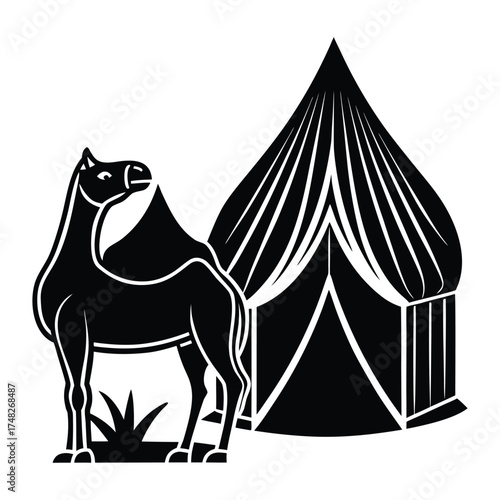 Camel Silhouette Near a Tent in the Desert, Camping Adventure on White Background