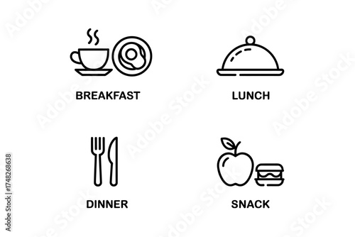 Vector illustration of meal icons including breakfast lunch dinner and snack food concepts in modern minimalistic design