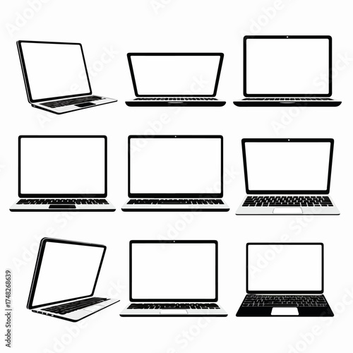 Nine laptop computer mockups with blank white screens, presented from various angles and perspectives, for technology, digital display, and web design.