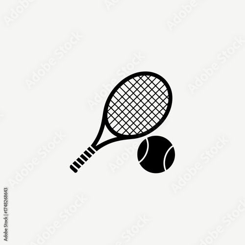 Black and white tennis racket and ball minimal illustration professional athletic competition and recreational sport equipment simple icon design isolated on white background