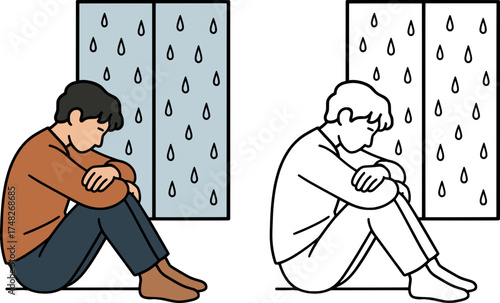 Sad person by rainy window, expressing deep loneliness and reflection