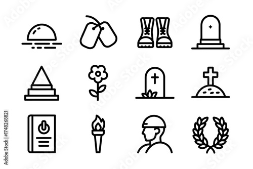 Minimalist Vector Icons Representing Memorial Day and Honoring Military Service Remembering Fallen Heroes