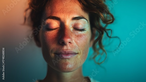 Close-up portrait of a woman with closed eyes, surrounded by soothing colorful light, evoking tranquility and calmness.