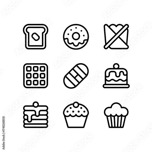 Bakery and Pastry Icon Set with Toast Donut Sandwich Waffle Eclair Small Cake Pancake Cupcake and Muffin Design Element