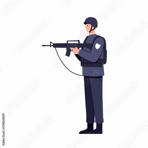 Flat illustration of a uniformed officer or soldier wearing a helmet and body armor, holding an assault rifle, isolated on a white background.