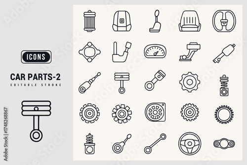 Collection of Automotive Components and Mechanical Engineering Icons White Background.