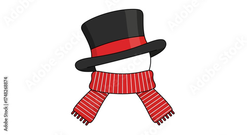 Festive snowman head with a black top hat and a red and white scarf, holiday spirit