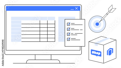 Computer screen displaying a spreadsheet, checklist with completed tasks, a bullseye target, and a shopping box. Ideal for e-commerce, productivity, goal setting, planning, logistics analytics