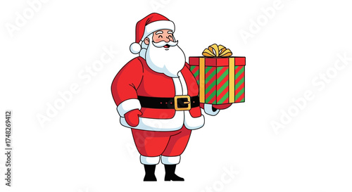 Friendly Santa Claus Illustration Spreading Festive Cheer with a Wrapped Holiday Gift Box
