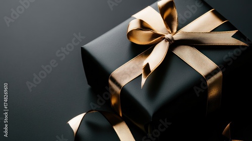 Close-up of a black gift box with gold ribbon.