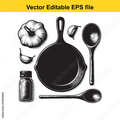 Vector art of vintage kitchenware and ingredients including a cast iron skillet, spoons, garlic, and a spice jar