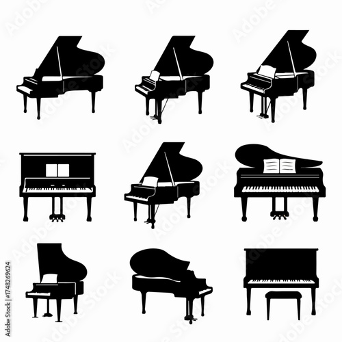 Diverse Collection of Black Piano Silhouettes: Grand and Upright Pianos for Music-Themed Designs and Iconography