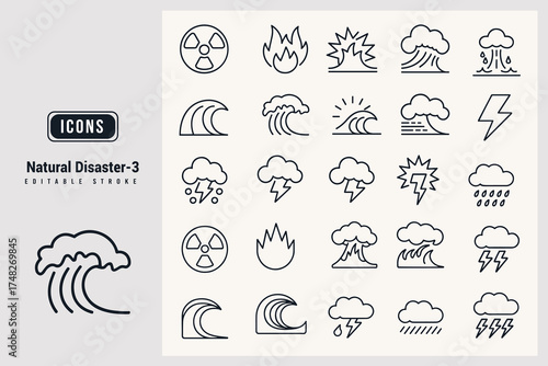Collection of Natural Disaster Icons Representing Hazards and Catastrophes White Background.