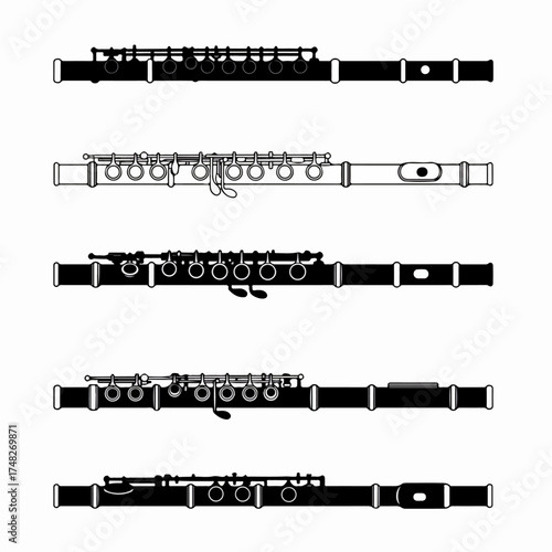 Various Flute Illustrations: Black and White Silhouettes and Outline Designs of Musical Instruments for Music Themes