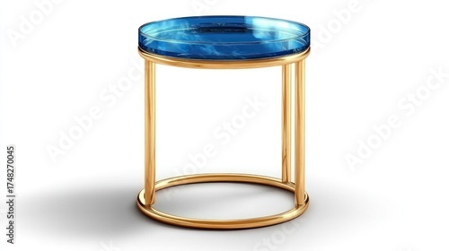 Round side table with blue glass top and gold metal base.