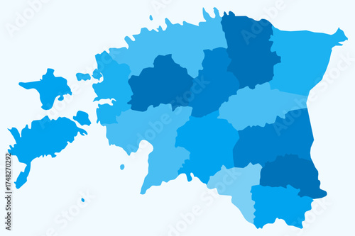 Map of Estonia with regions. Just a simple country border map with region division. Light blue color palette. Plain Republic of Estonia shape with administrative division. Vector illustration.