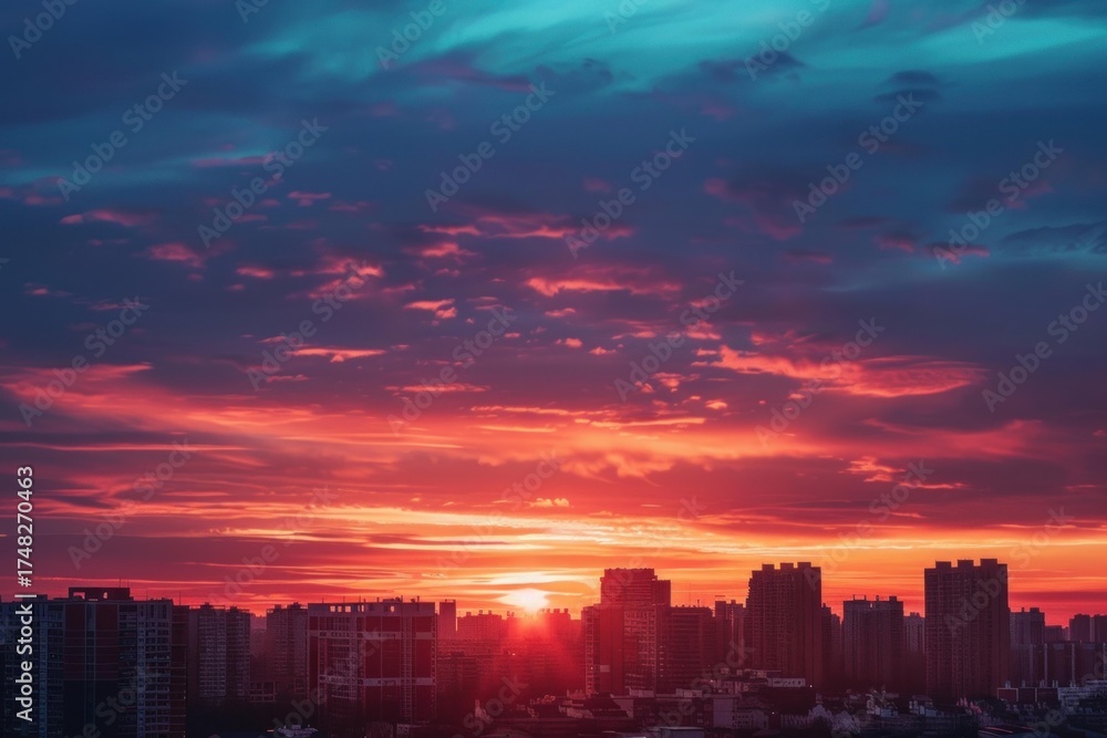 Fototapeta premium Stunning cityscape at sunset with vibrant colors illuminating the sky and buildings