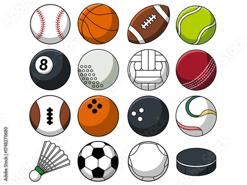 Collection of fifteen different sports balls and equipment variety for athletic activities