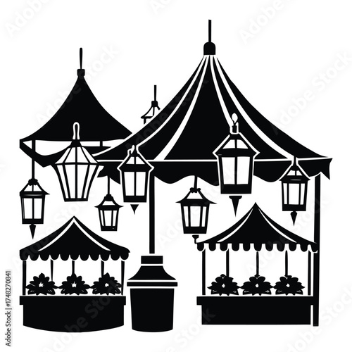 Market Stalls Silhouette Illustration, Festive Tent Canopies, Hanging Lanterns Black and White on White Background